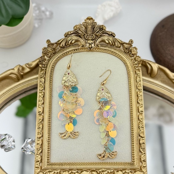 Gold Iridescent Fish Dangle Earrings | Unique Textured Design - Picture 9 of 9